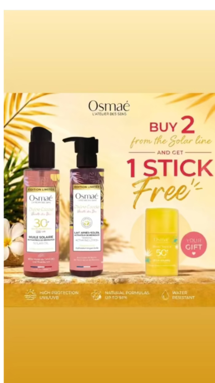 Promotional banner for Osmaçé Sun Care showing two sunscreen bottles and a stick sunscreen product on a warm yellow and beige background with tropical leaf graphics and text offering buy 2 from the Solar line, 1 stick free.