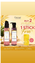 Promotional banner for Osmaçé Sun Care showing two sunscreen bottles and a stick sunscreen product on a warm yellow and beige background with tropical leaf graphics and text offering buy 2 from the Solar line, 1 stick free.